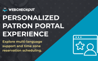 WebCheckout promotional graphic with the headline "Personalized Patron Portal Experience" in bold white text over a dark background of camera equipment. Gold subtext reads "Explore multi-language support and time zone reservation scheduling." A blue diagonal panel on the right holds a white icon of a browser window with a star and a user profile.